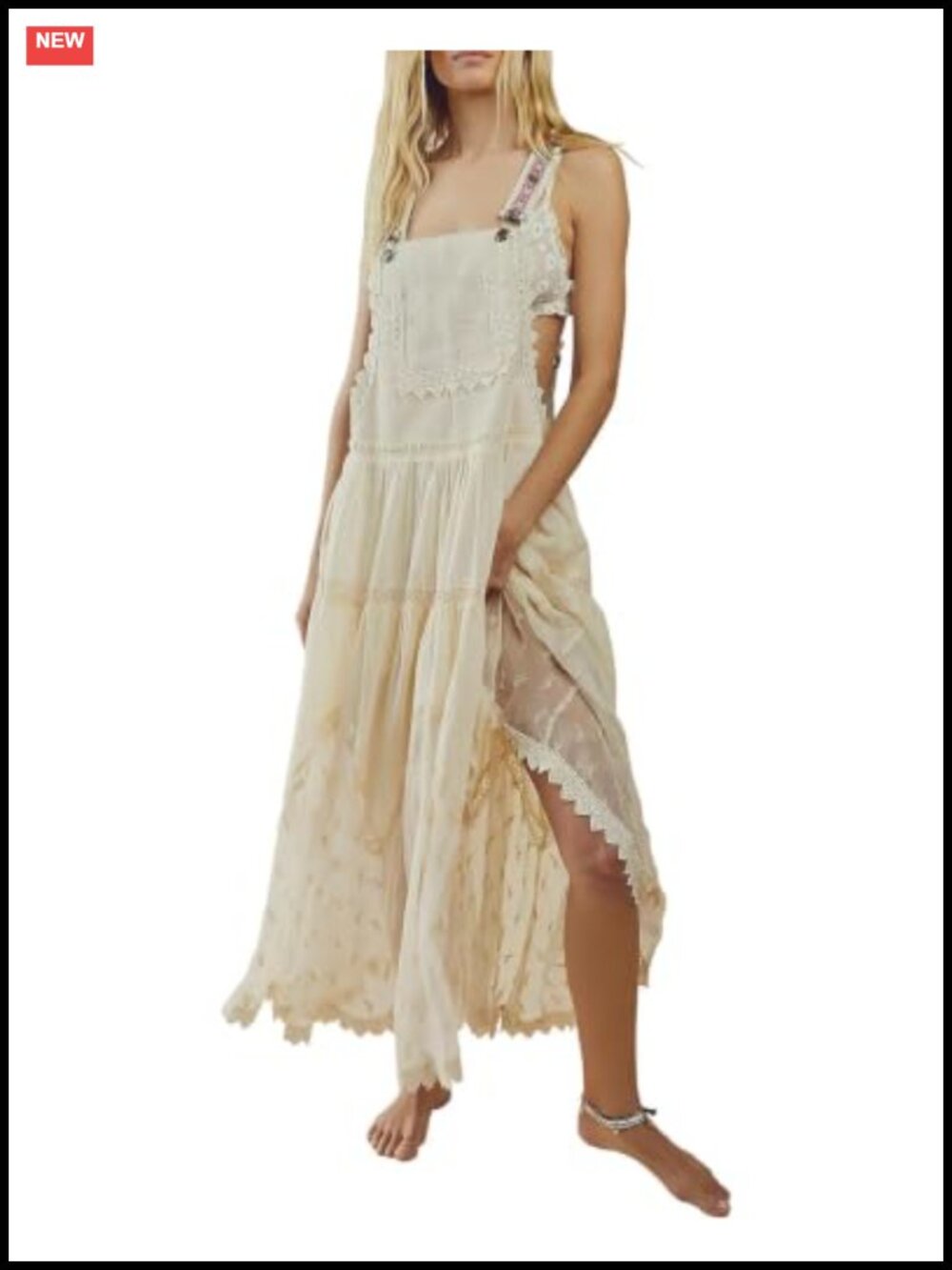 Embroidered Lace Bib Maxi Dress Loose Fit Adjustable Straps Boho